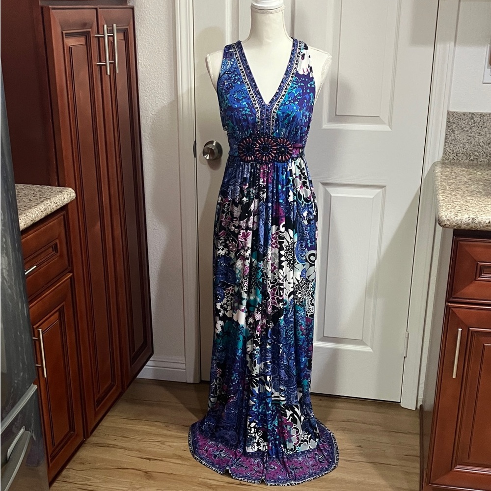 Ice Blue multicolor patterns with beaded in the waist Floral Maxi Dress Size:14
